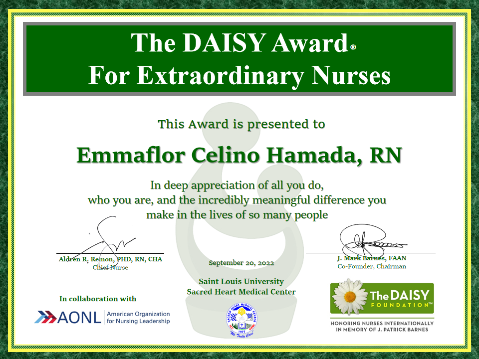 <p>DAISY Honoree Certificate - Emmaflor C. Hamada, RN</p>